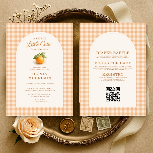 All in One Little Cutie Orange Gingham Baby Shower Invitation (Creator Uploaded)