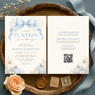 All in One Little Pumpkin Blue Bow Baby Shower Invitation