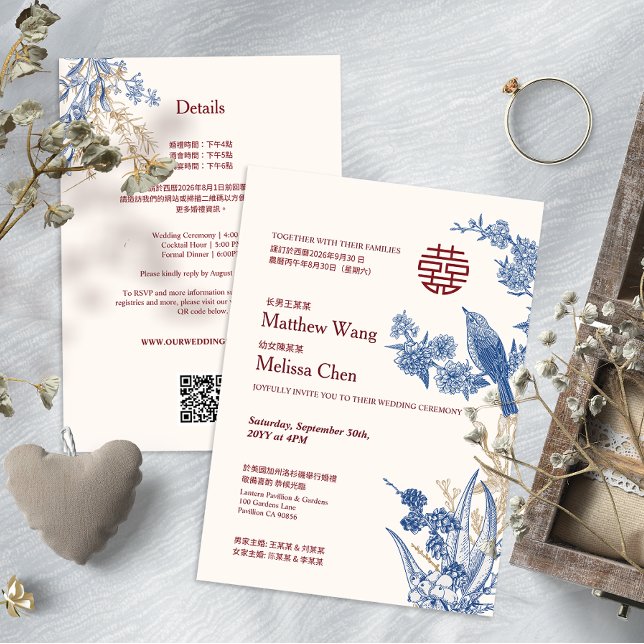 All-in-One Magpie Bilingual Chinese Wedding Invite (Magpie Floral Bilingual Chinese Wedding Invite)