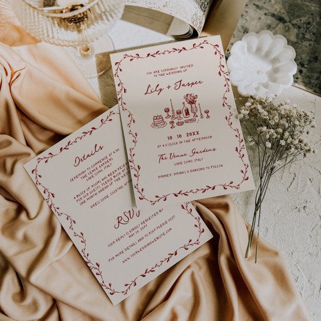 All In One Maroon Hand Drawn Wedding Invitation (Creator Uploaded)