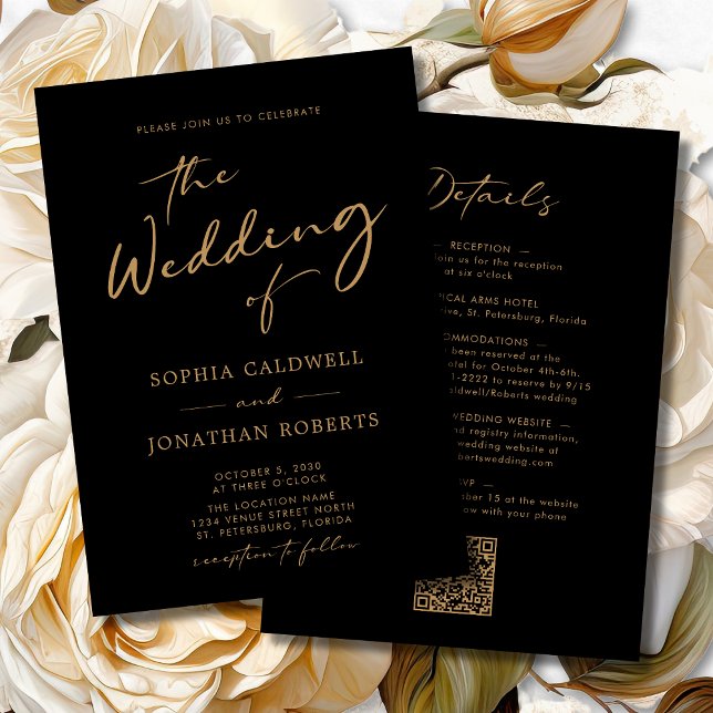 All in One Modern Calligraphy Gold Black Wedding Invitation (Gold on Black Modern Calligraphy All in One Double Sided Wedding Invitation)