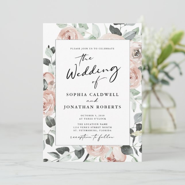 All in One Modern Calligraphy Pink Roses Wedding Invitation (Standing Front)