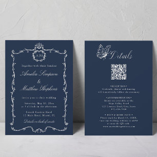 All in One Modern Classic French Wedding Navy Blue Invitation