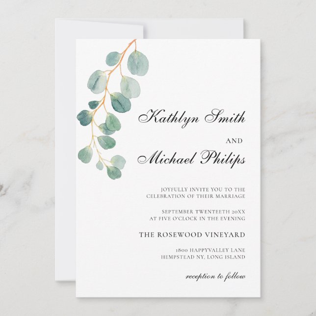 All In One Modern Eucalyptus Typography Wedding Invitation (Front)