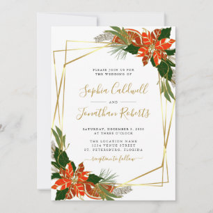 All in One Modern Poinsettia Gold Winter Wedding Invitation