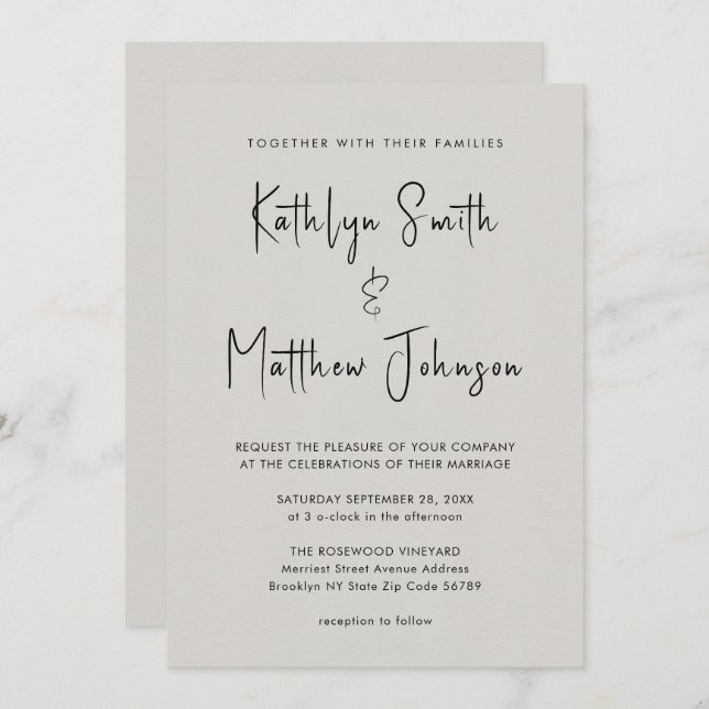 All In One Modern Script Grey Minimalist Wedding Invitation (Front/Back)
