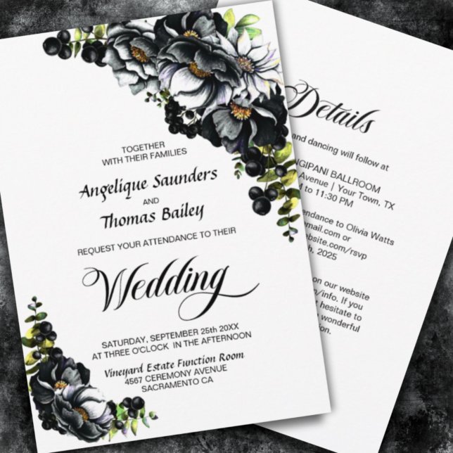 All In One Moody Black Floral White Wedding Invitation (Creator Uploaded)