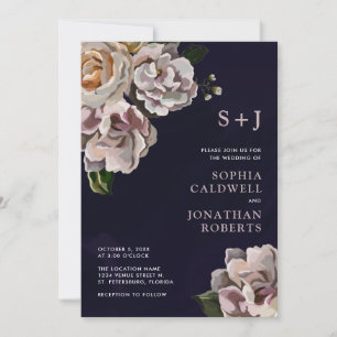 All in One Moody Floral Navy Wedding Invitation