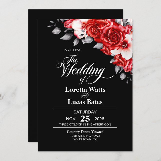 All In One Moody Red Rose Floral Black Wedding Invitation (Front/Back)