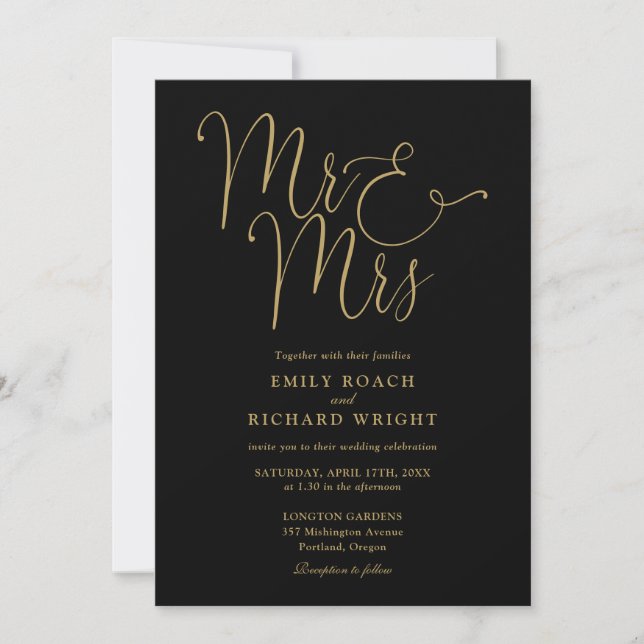 All In One Mr And Mrs Chic Black And Gold Wedding Invitation (Front)