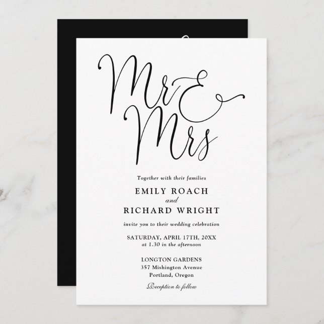All In One Mr And Mrs Chic Black And White Wedding Invitation (Front/Back)