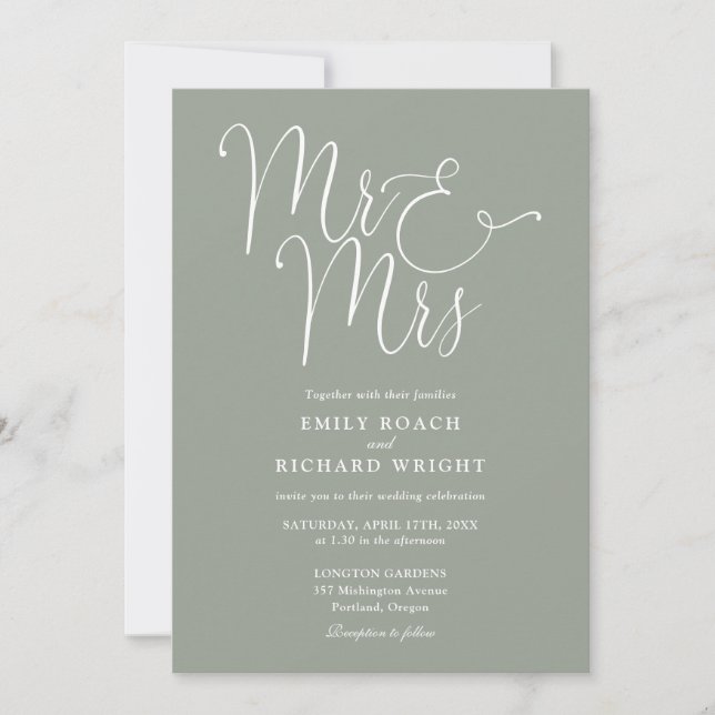 All In One Mr And Mrs Chic Sage Green Wedding Invitation (Front)