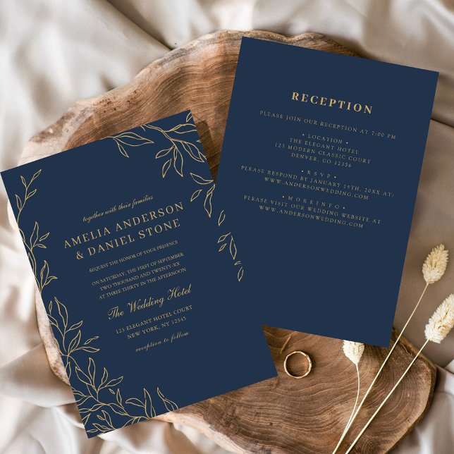 All in One Navy Blue Gold Minimal Leaf Wedding  Invitation (Creator Uploaded)