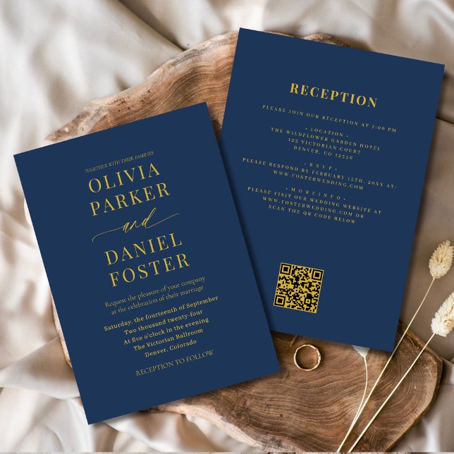 All in One Navy Blue Gold QR Code Wedding Invitation (Creator Uploaded)