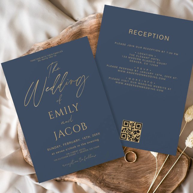 All in One Navy Blue Gold Wedding QR Code Script Invitation (Creator Uploaded)