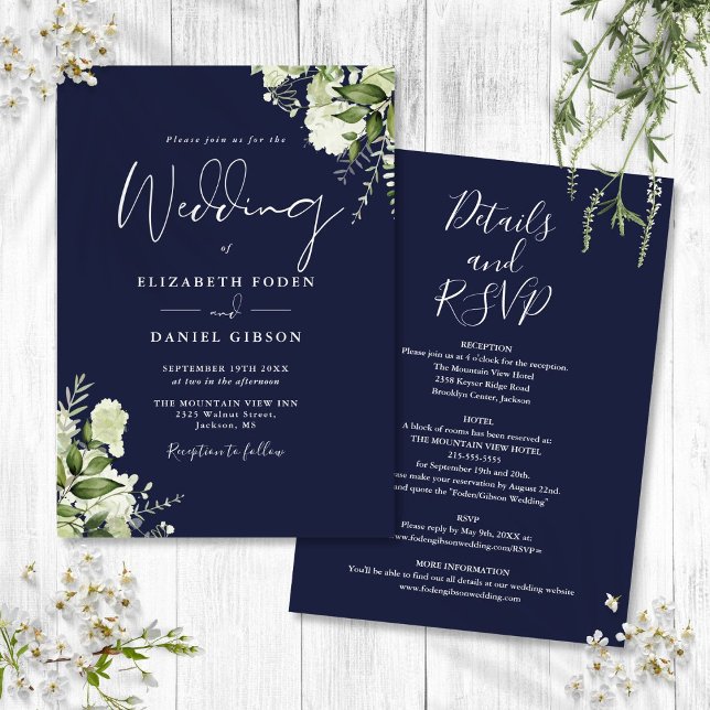 All In One Navy Blue Greenery Floral Wedding Invitation (All In One Navy Blue Greenery Floral Wedding Invitation)
