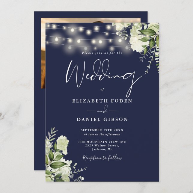 All In One Navy Blue Greenery Light Photo Wedding Invitation (Front/Back)