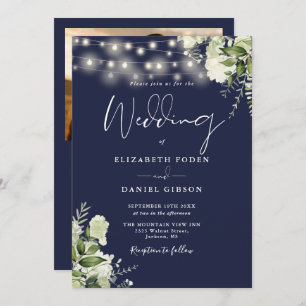 All In One Navy Blue Greenery Light Photo Wedding Invitation