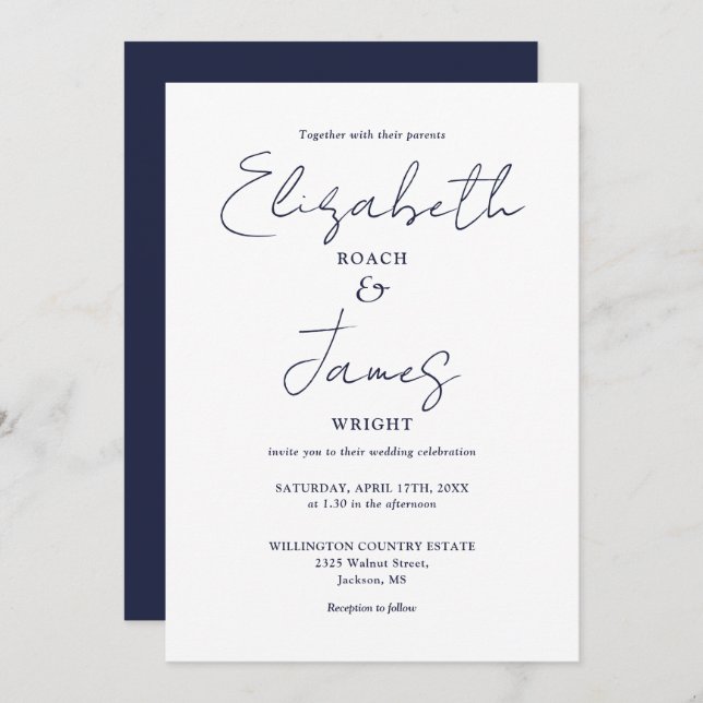 All In One Navy Blue Minimalist Elegant Wedding Invitation (Front/Back)