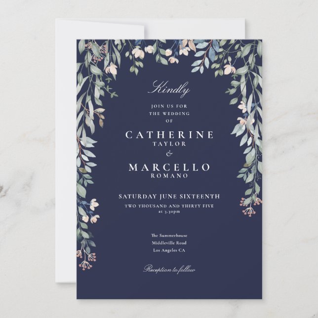 All In One Navy Blue Wildflowers Floral Wedding Invitation (Front)