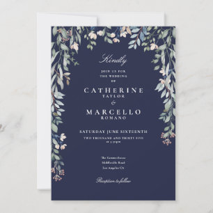 All In One Navy Blue Wildflowers Floral Wedding Invitation