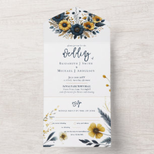 All in One Navy Yellow Gold Floral Wedding Rsvp Invitation