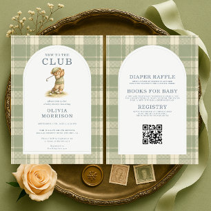 All in One New to Club Golf Bear Plaid Baby Shower Invitation