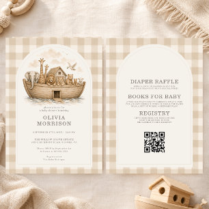 All in One Noah's Ark Gingham Neutral Baby Shower Invitation