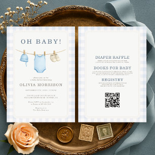 All in One Oh Baby Blue Gingham Boy Baby Shower Invitation