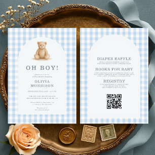All in One Oh Boy Bear Blue Gingham Baby Shower Invitation