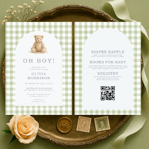 All in One Oh Boy Bear Sage Gingham Baby Shower Invitation