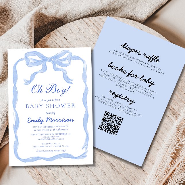 All in One Oh Boy Blue Ribbon Bow Baby Shower Invitation (Creator Uploaded)