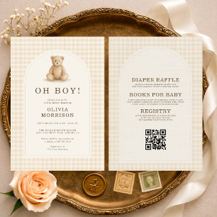 All in One Oh Boy Gingham Teddy Bear Baby Shower Invitation