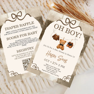 All in One Oh Boy Teddy Bear Gingham Baby Shower Invitation