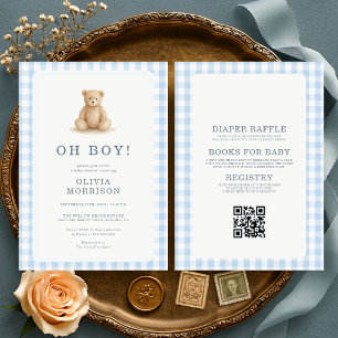 All in One Oh Boy Teddy Bear Gingham Baby Shower Invitation