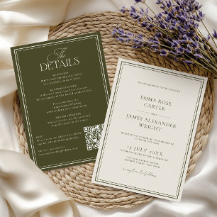 All in One Old Money Olive Green Elegant Wedding Invitation