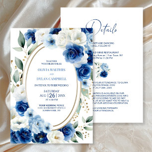 All in One Oval Blue Floral Wedding Invitation