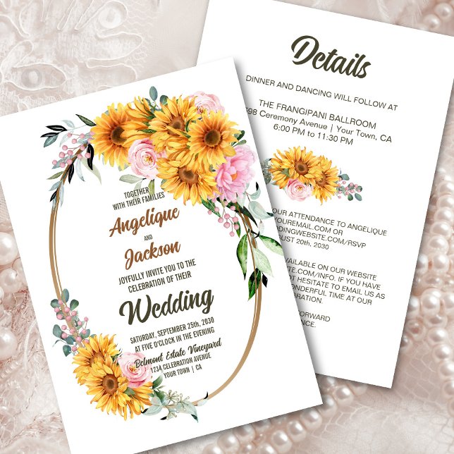 All In One Oval Sunflower Pink Rose Wedding Invitation (Creator Uploaded)