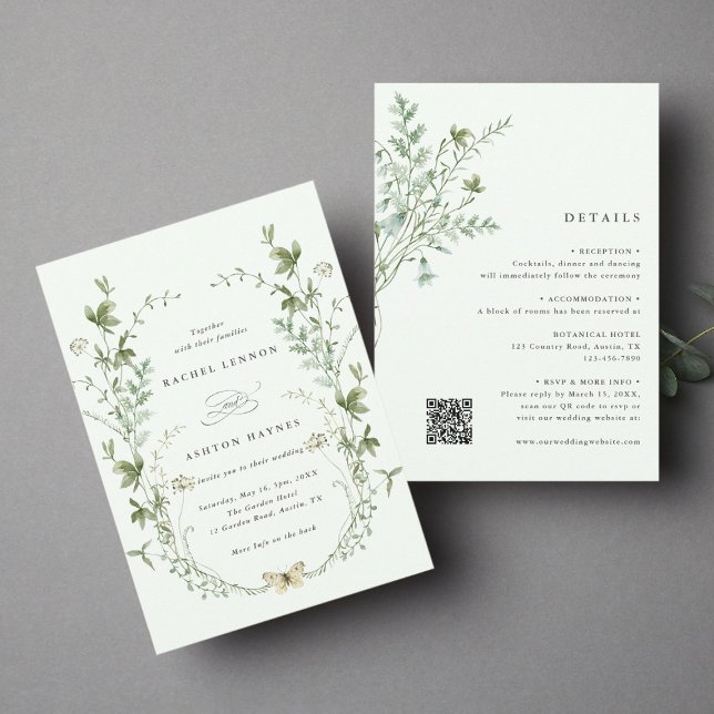 All In One Pale Green Elegant Wildflower Wedding  Invitation (Creator Uploaded)
