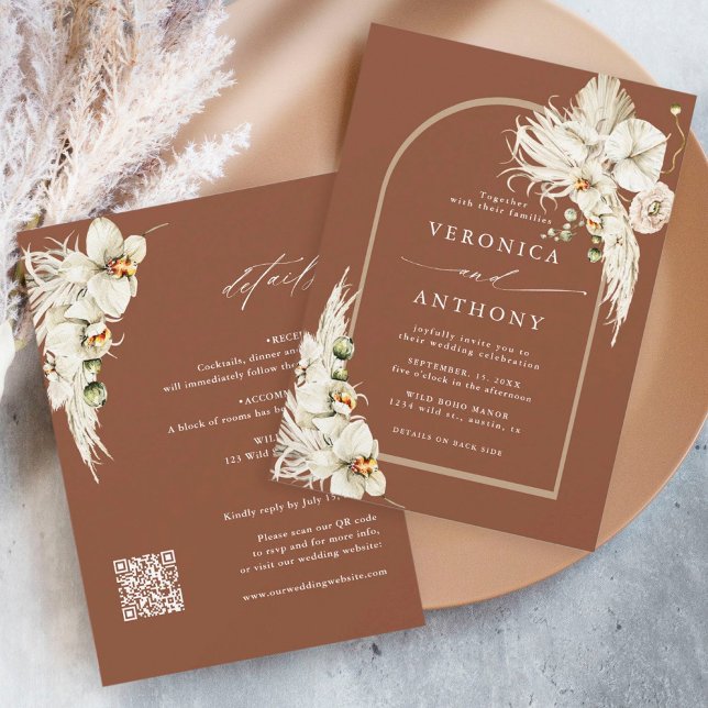 All In One Pampas Grass Orchid Wedding Terracotta Invitation (Creator Uploaded)
