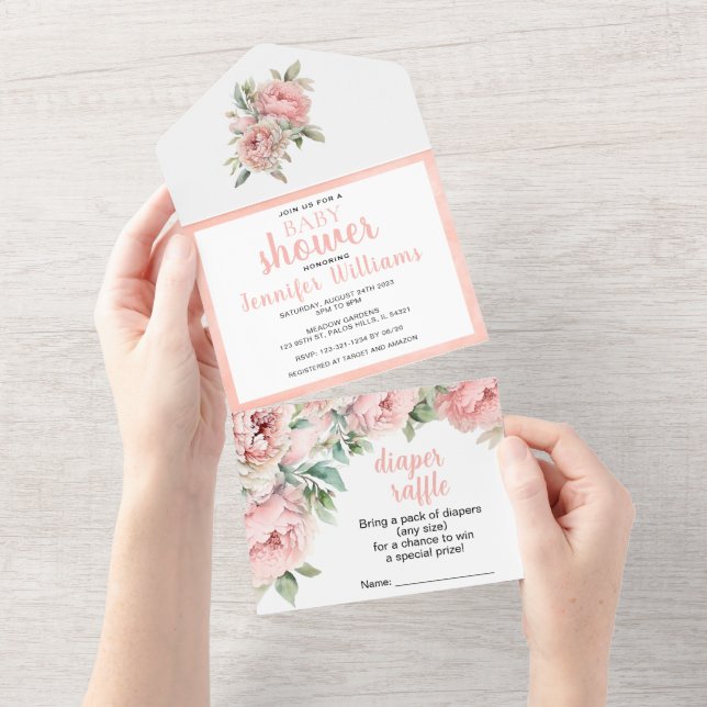 All in one peach peonies baby shower invitation (Tearaway)