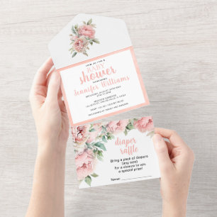 All in one peach peonies baby shower invitation