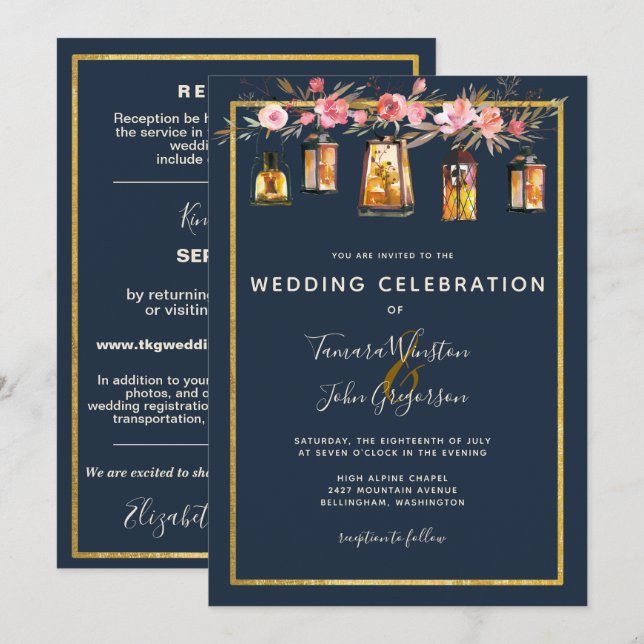 All In One Peonies Lanterns Navy Coral Wedding Invitation (Front/Back)