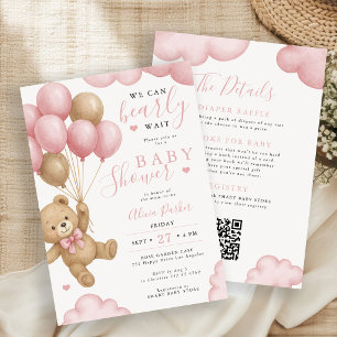 All in one pink bear balloons girl baby shower invitation
