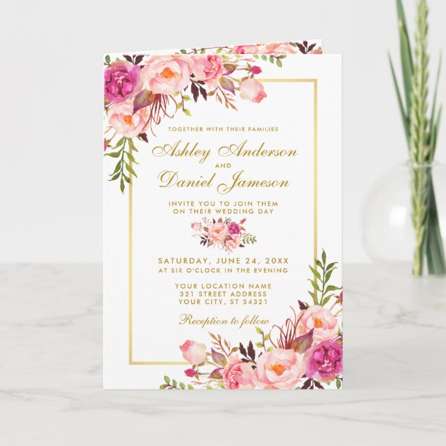 All In One Pink Floral Wedding Gold Invitation (Front)