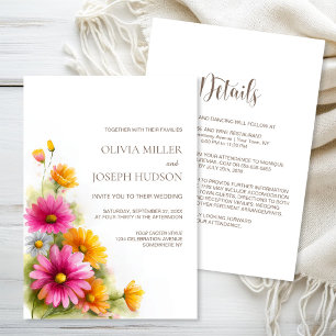 All in One Pink Orange Floral Wedding Invitation