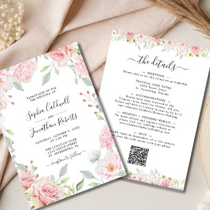 All in One Pink Roses Sage Greenery Wedding Invitation