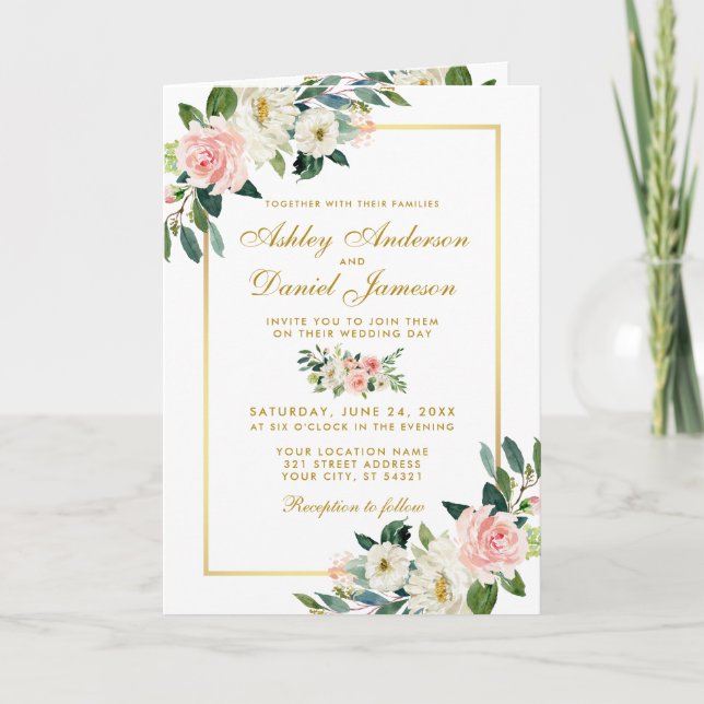 All In One Pink White Floral Wedding Invitation (Front)