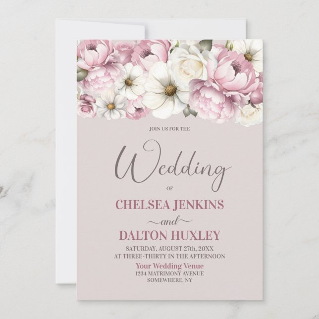 All In One Pink White Floral Wedding Invitation (Front)