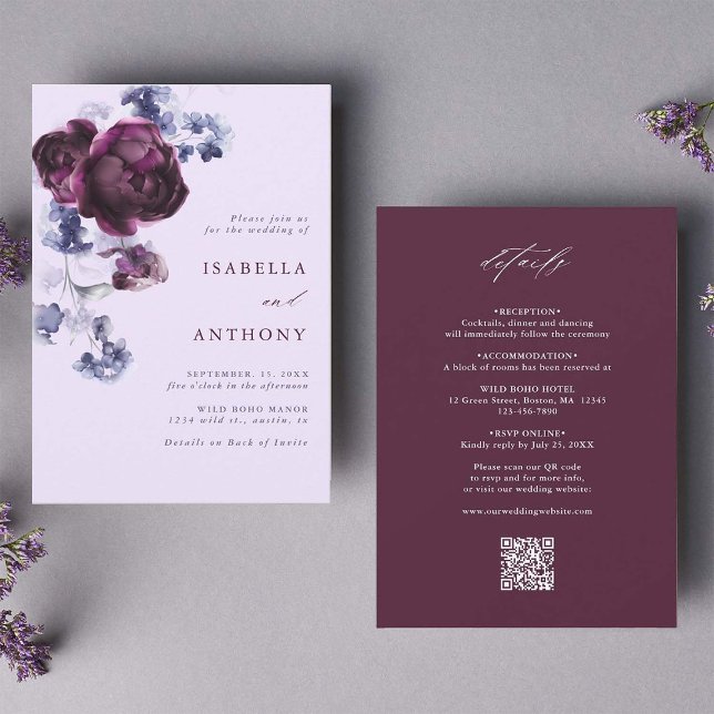 All In One Plum Purple & Indigo Floral Wedding Invitation (Front & Back)